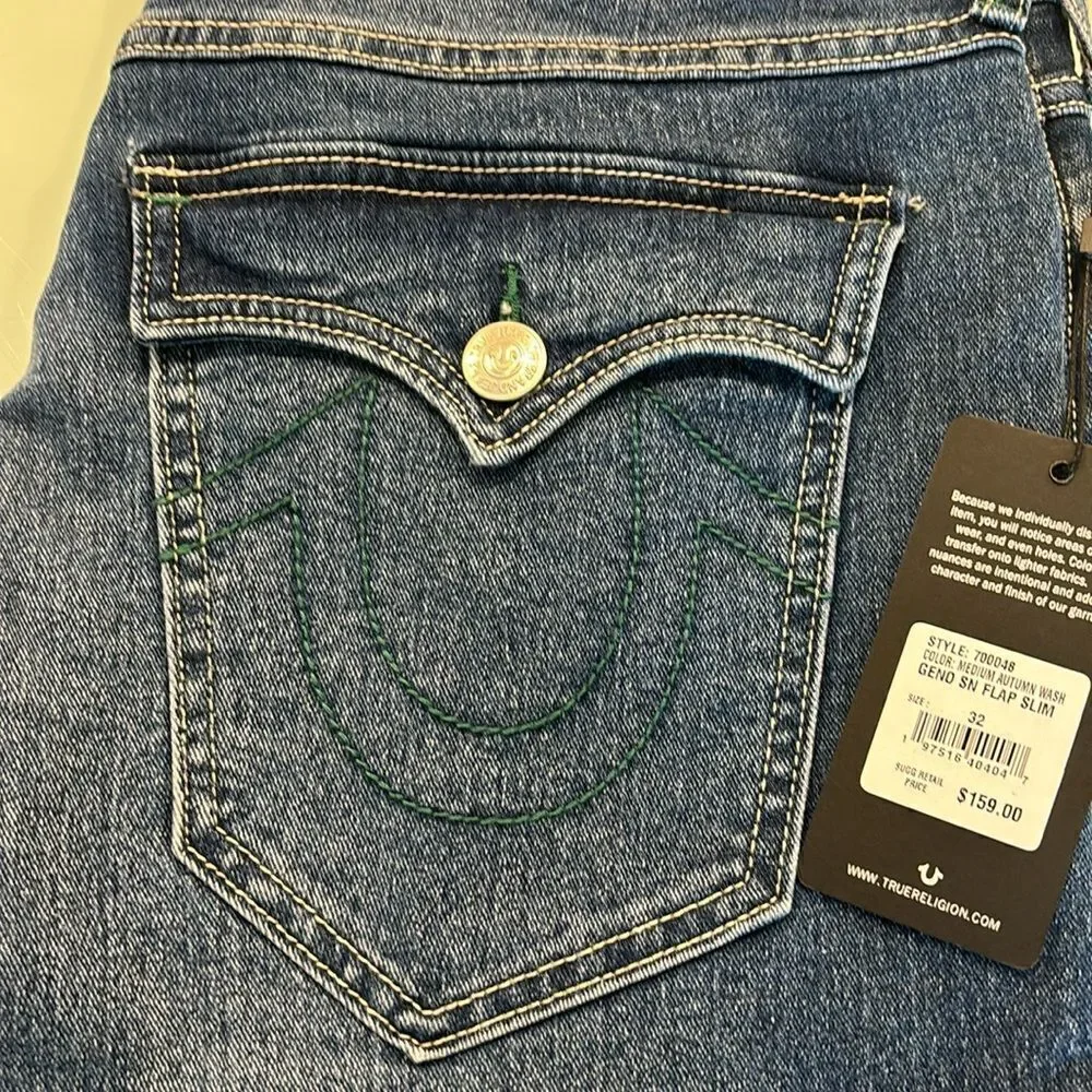 True Religion NWT jeans 32 GENO an flap slim dark blue wash faded very stretchy